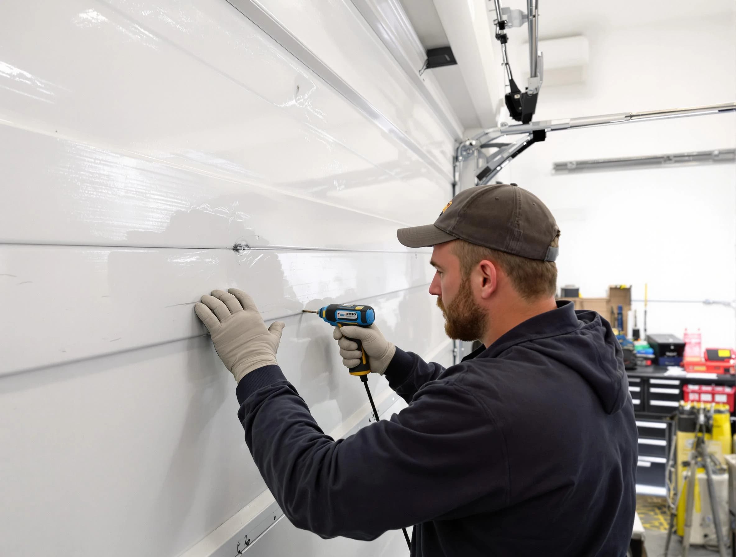 Scotch Plains Garage Door Repair technician demonstrating precision dent removal techniques on a Scotch Plains garage door