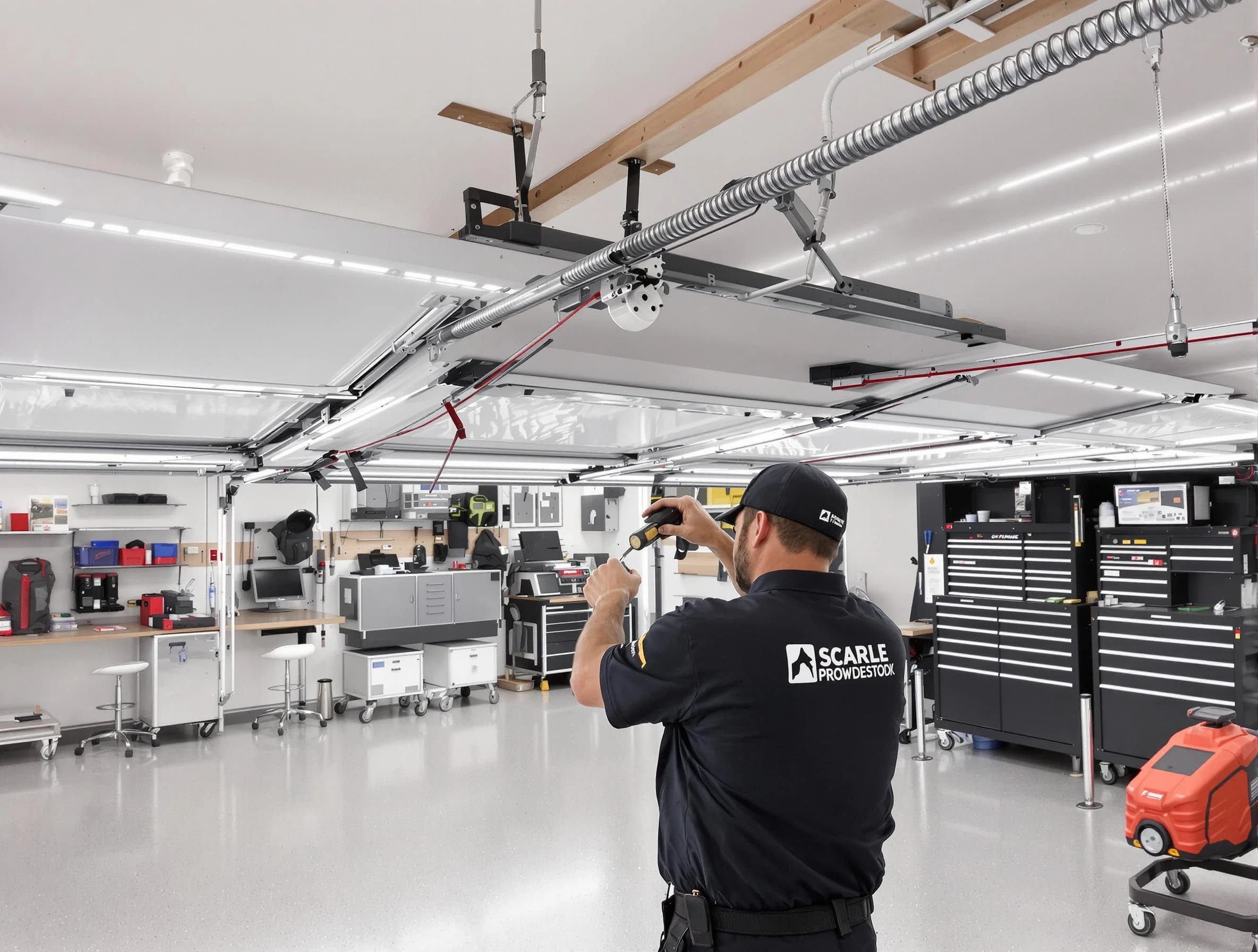 Scotch Plains Garage Door Repair technician repairing overhead garage door in Scotch Plains